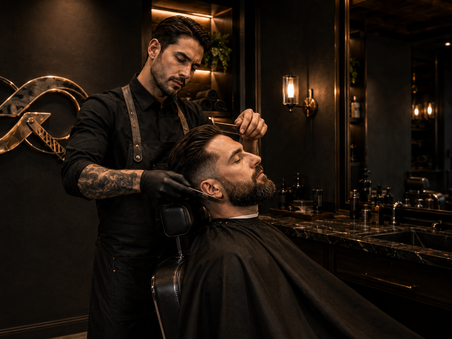 Corte e barba em barbearia premium