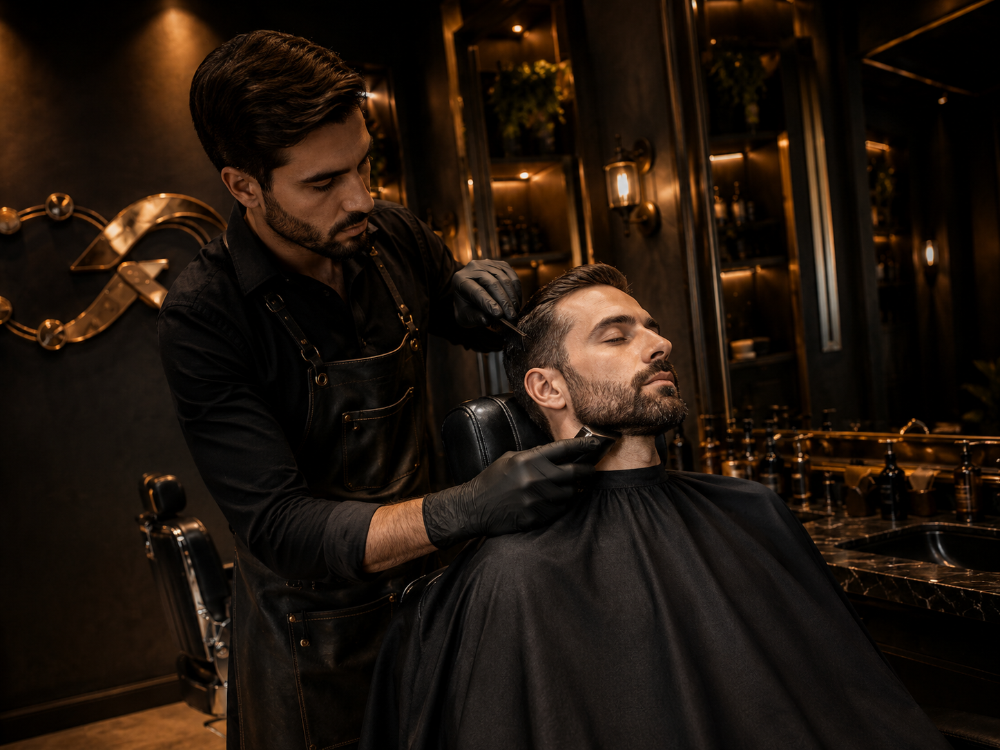 Corte e barba em barbearia premium